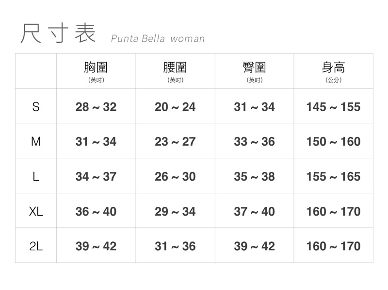 潘它貝拉泳衣 尺寸表