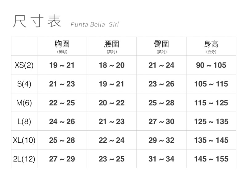 潘它貝拉女童泳衣尺寸表